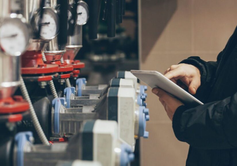 Technician checking industrial gauges with tablet.